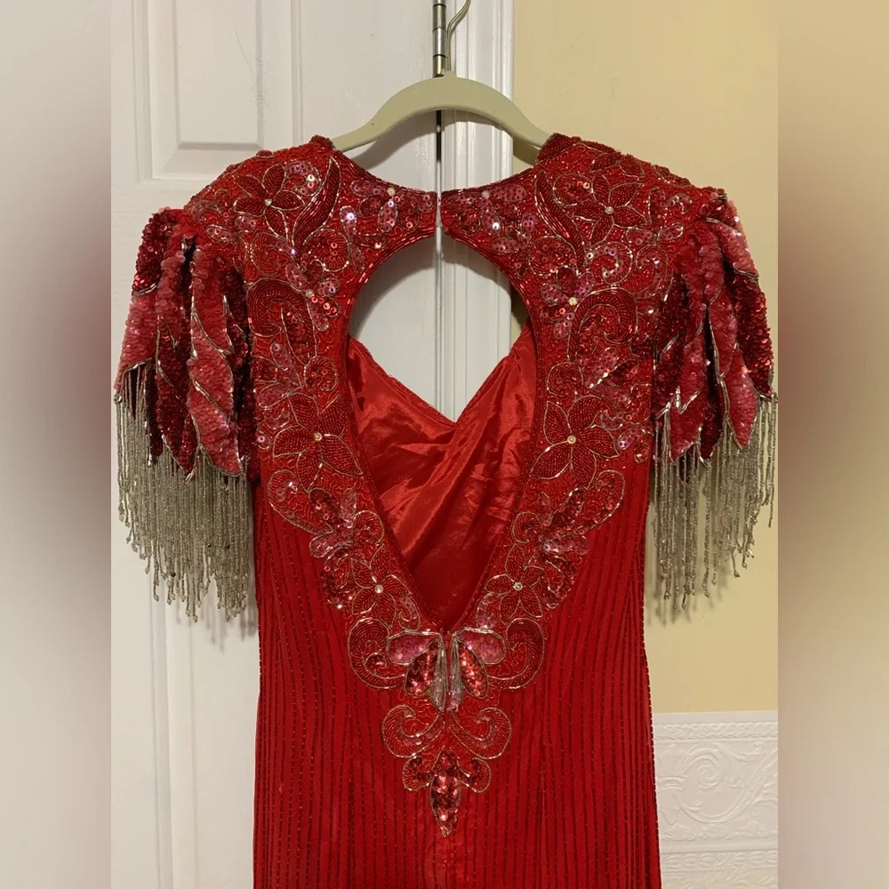 Vintage Red Silk Beaded Gown Intricate Platinum Fringe Short Sleeve Size 14. - Picture 15 of 16